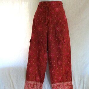 NEW SUNDANCE Drawstring Fringe Tassel Pant Floral Boho Festival Hippy L RED FLOR